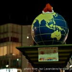 Earthe with a santa's hat in Tokyo Japan