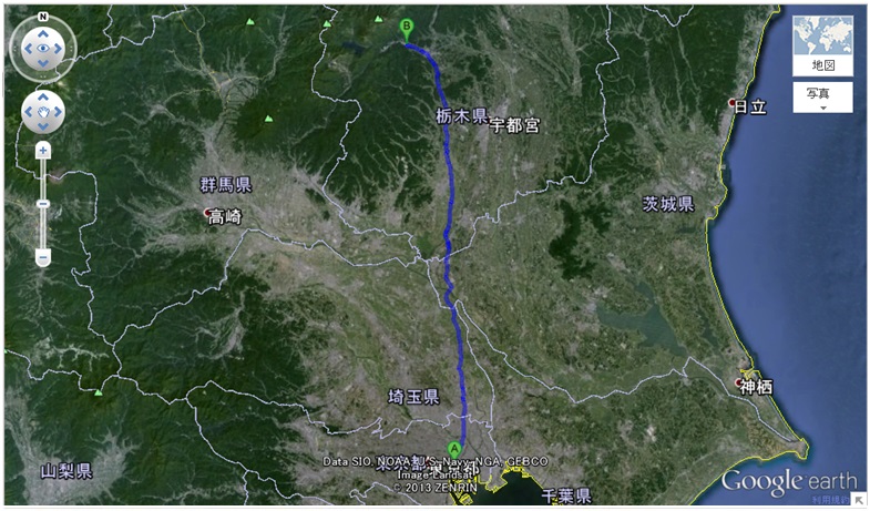 Carte Tokyo - Nikko à pieds google earth